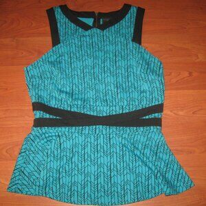 WORTHINGTON Petite Peplum Top PS Turquoise Black Chevron Print Sleeveless S